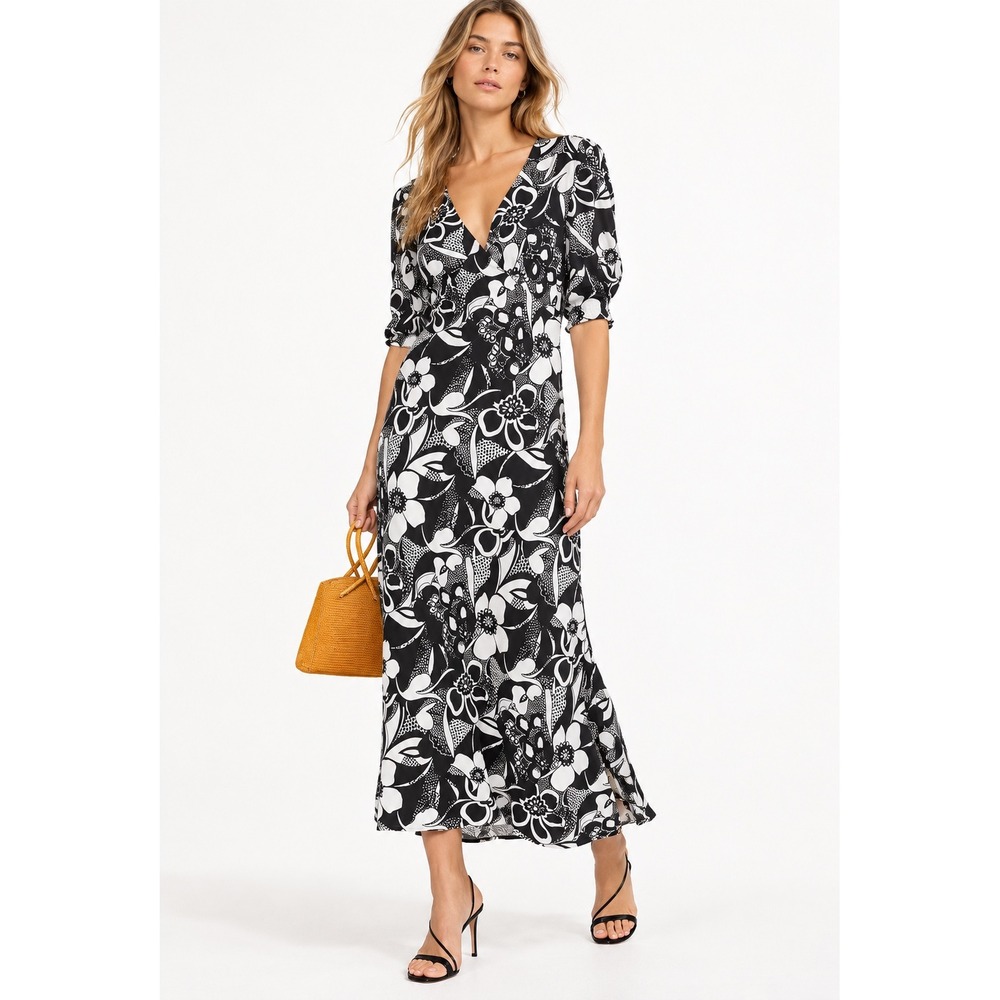 Rixo Zadie Maxi Dress Women Size S Black White Floral V-Neck Excellent Condition